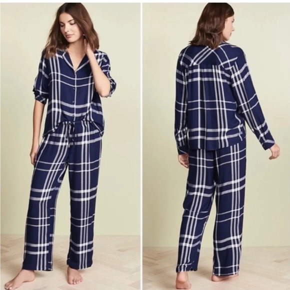 Rails Long Sleeve Trouser Pajama Top Shirt Navy Blue White Plaid Flannel XS - Picture 16 of 16